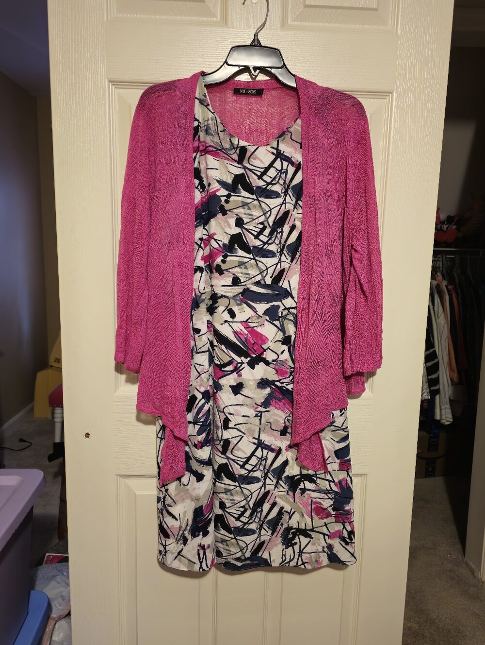 NIC+ZOE Open-Front Fuchsia Cardigan with Printed Dress Sz L